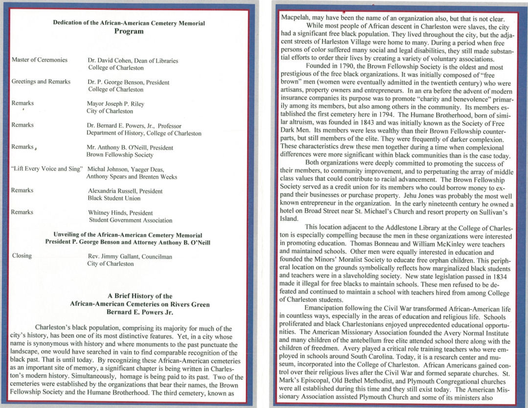 Memorial Dedication Ceremony program, pages 2-3