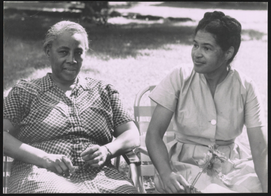 Photograph of Septima Clark and Rosa Parks at Highlander in 1955. 