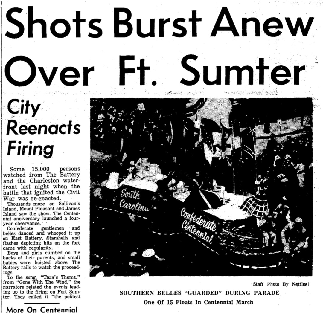 News coverage of Charleston's re-enactment of the firing on Fort Sumter, 1961.