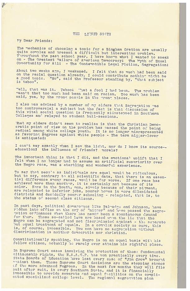 Page 1 of Frank Sturcken’s speech, “The Liquid South” (1951).