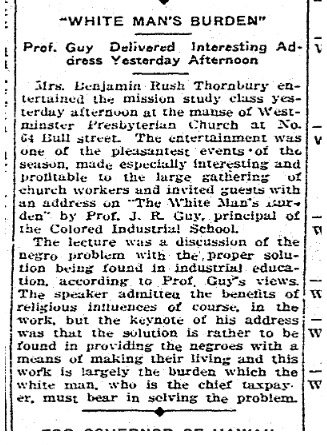 Charleston Colored Industrial School Principal’s lecture in 1912  