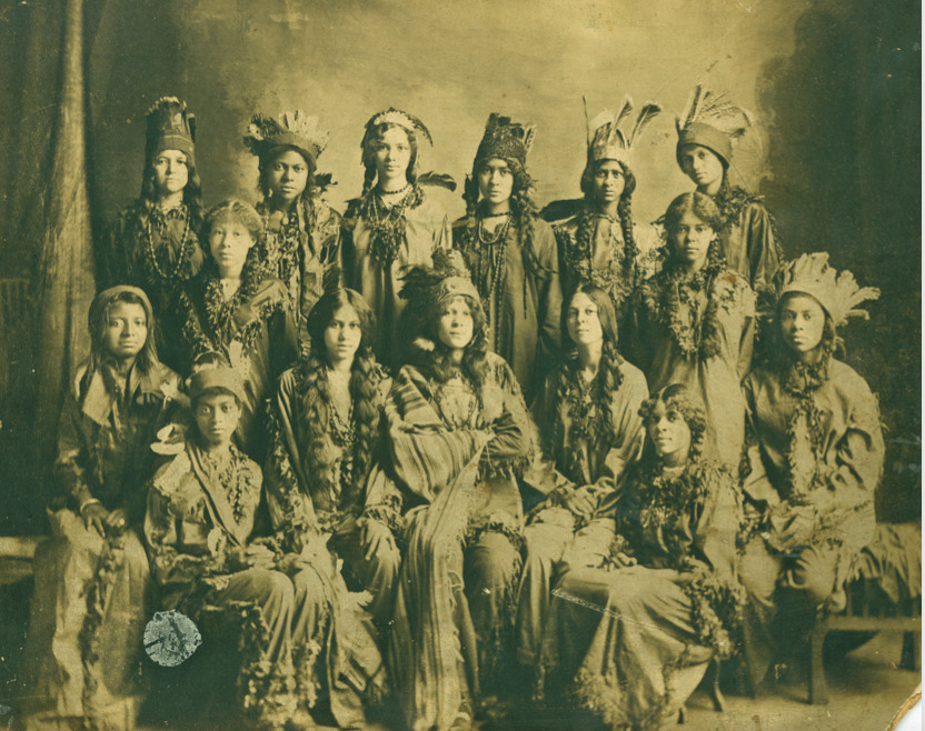 Septima Poinsette, seated on far right,  in play “Hiawatha” at Avery in 1916..