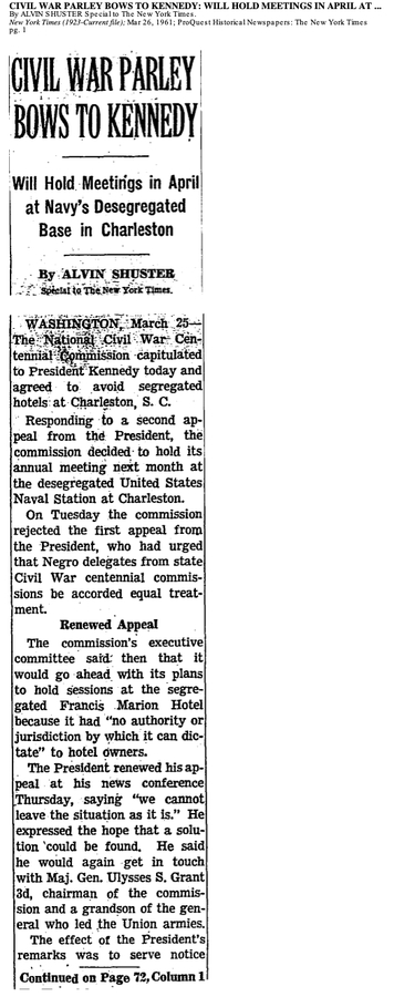 "Civil War Parley Bows to Kennedy", March 26, 1961, Page 1