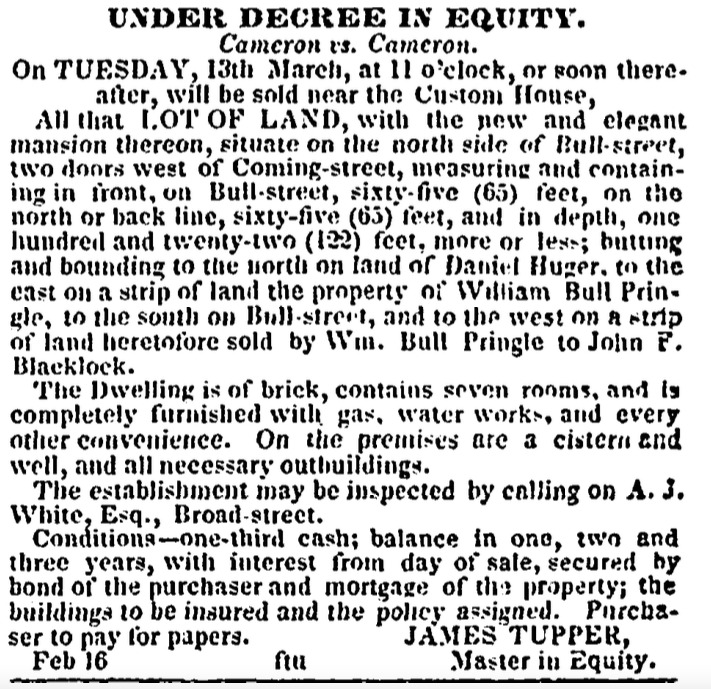 Ad from the Charleston Courier, 1855