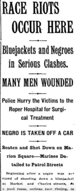 News and Courier Article, 1919, “Race Riots Occur Here”