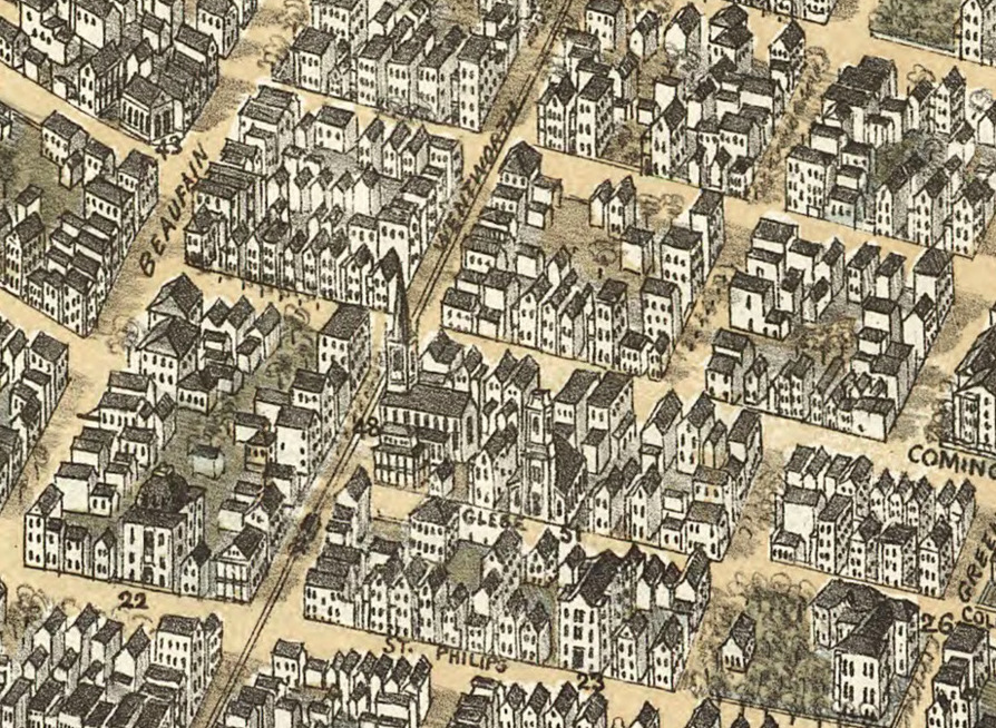 1872 “Bird’s Eye” map of Charleston showing the house at 105 Wentworth Street