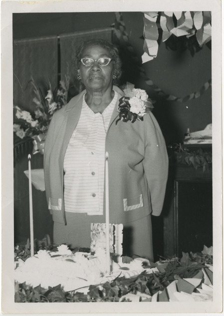Black and white photograph of Septima P. Clark standing at "This is Your Life" event, Old Bethel United Methodist Church. 1970.