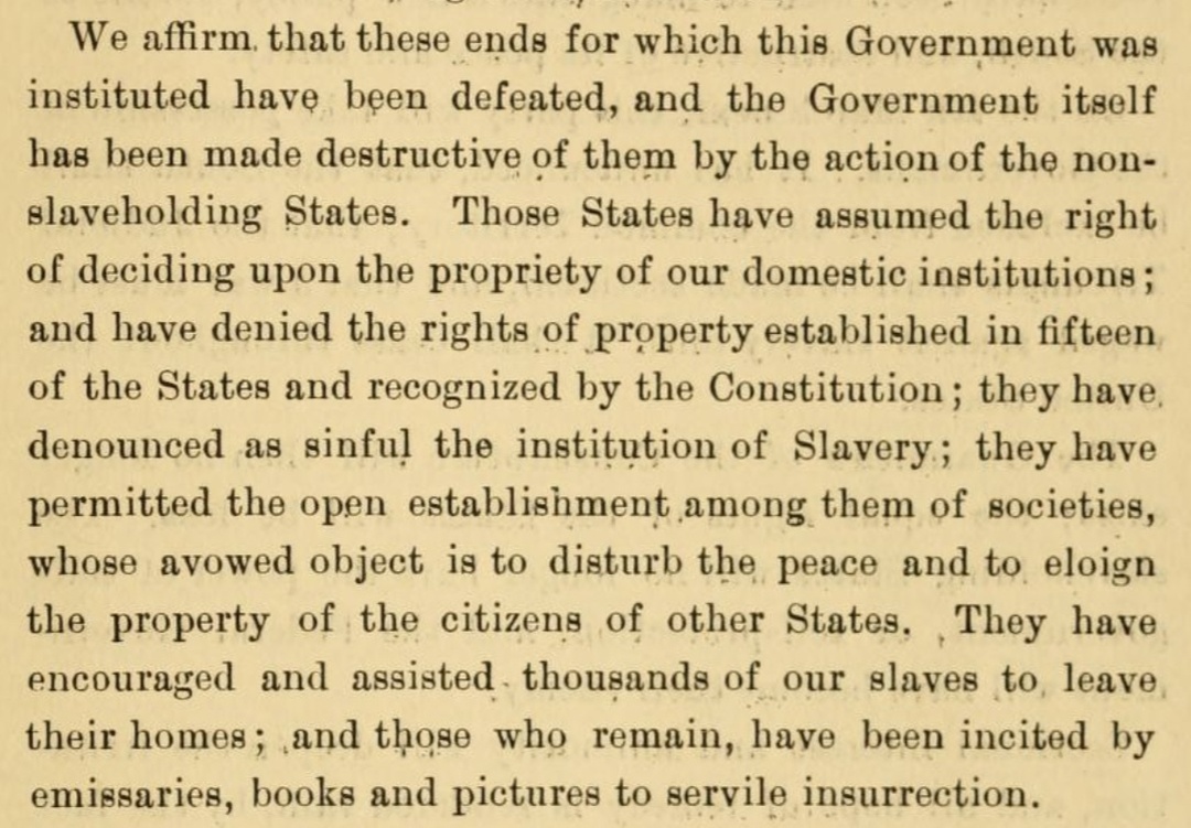 Quotation from South Carolina’s 1861 Declaration of Immediate Causes