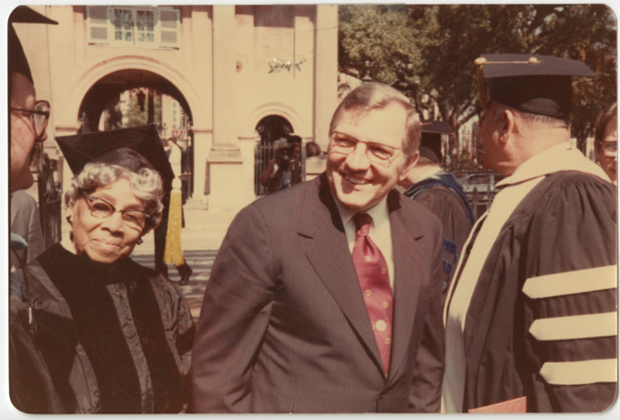 Color photograph of Septima P. Clark with James B. Edwards, former President of MUSC, College of Charleston Founders Day ceremony. 