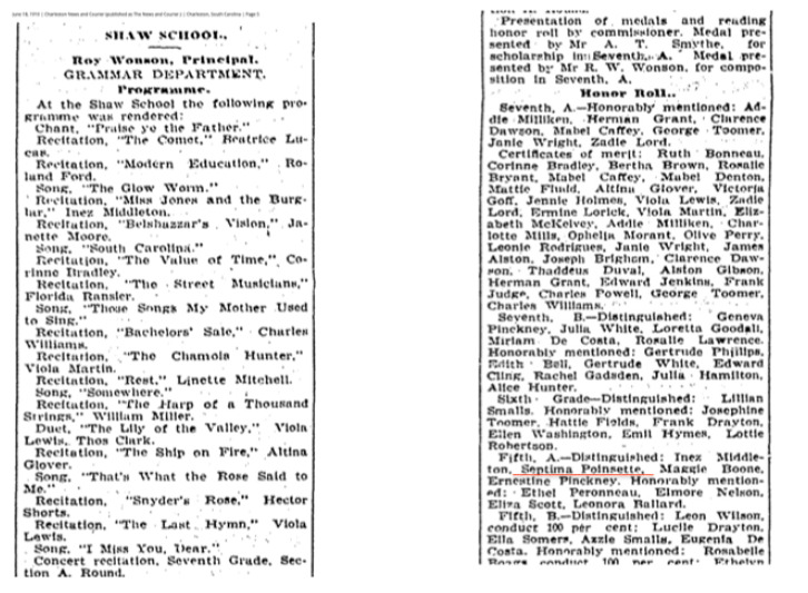 Newsclipping listing Septima Poinsette on Shaw Elem. School honor roll 1910 