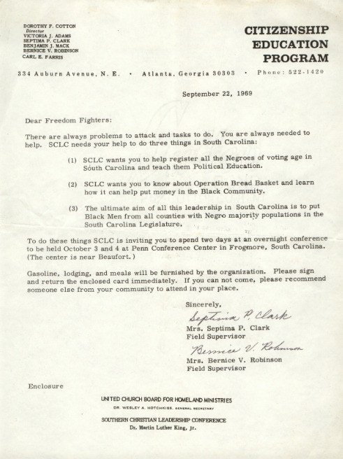 Correspondence from Septima P. Clark and Bernice V. Robinson, Field Supervisors for the Citizenship Education Program, to "Freedom Fighters" regarding ways to help the SCLC and announcing conference details. 1969. 