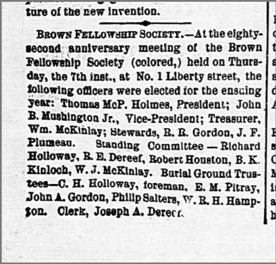 Brown Fellowship Society news article, 1872
