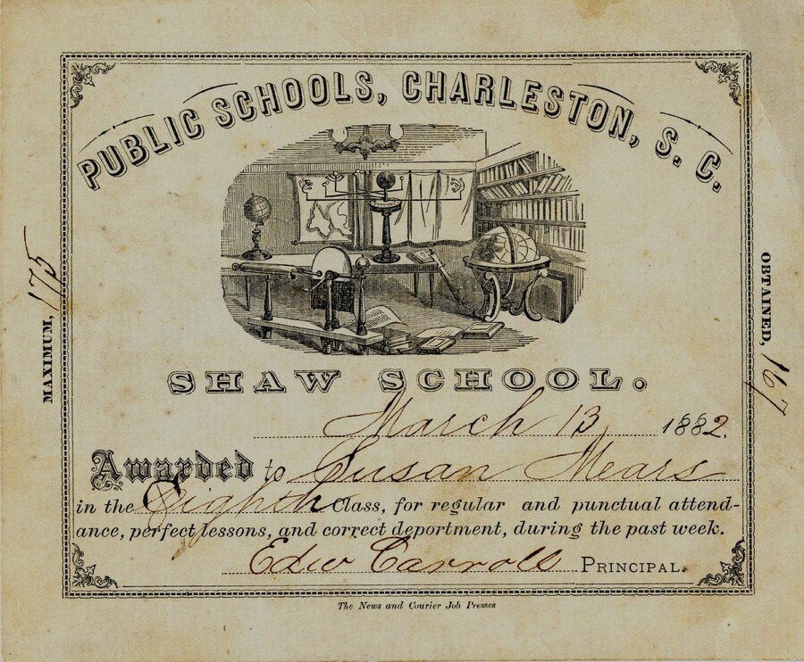 Shaw Memorial School Report Card, 1882