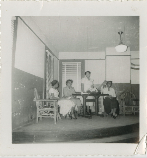 Black and white photograph of Mrs. Giles Brown, Annual Meeting Speaker, Hattie Watson, Septima P. Clark, and Lucille Williams. 1952. 